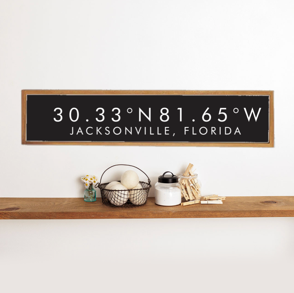 Modern Black Coordinates Personalized Barn Wood Sign