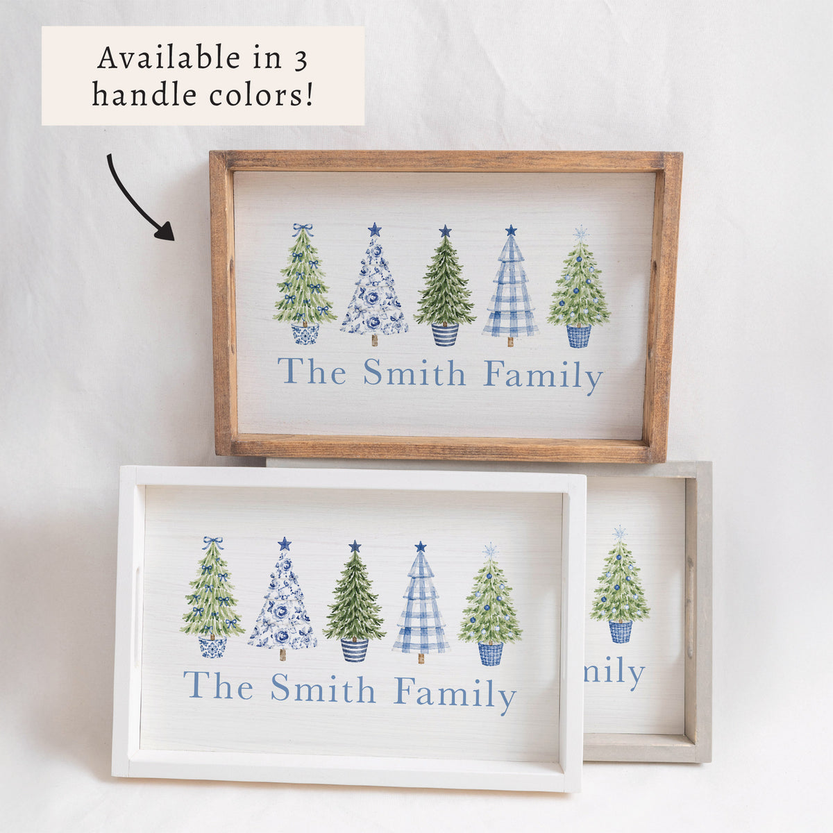 Coastal Cottage Christmas Trees Personalized Serving Tray