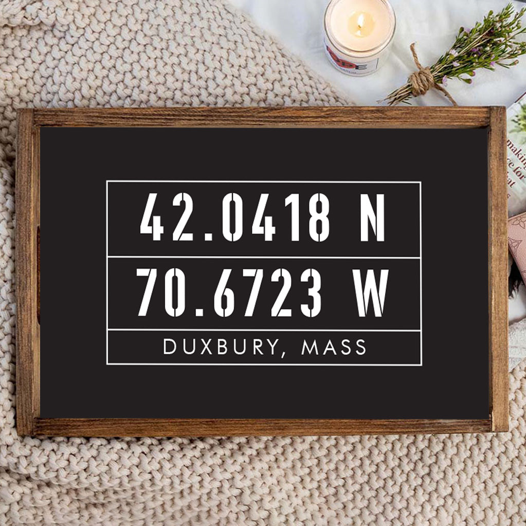 FOV Personalized Black Coordinates Wooden Serving Tray