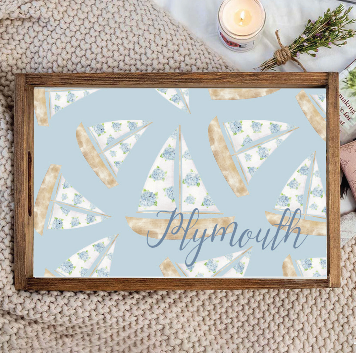 Hydrangea Sailboat Personalized Serving Tray