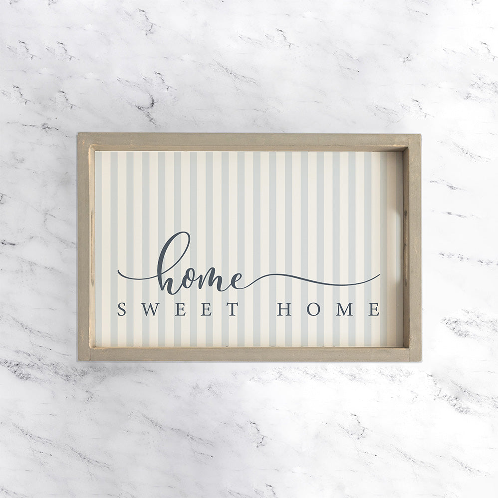 Blue and White Striped Home Sweet Home Wooden Serving Tray