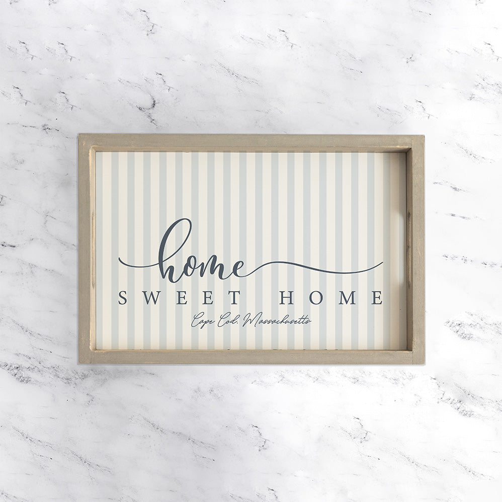 Personalized Blue and White Striped Home Sweet Home Wooden Serving Tray