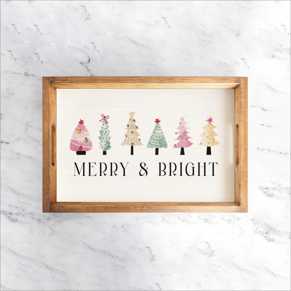 Merry & Bright Festive Christmas Trees Wooden Serving Tray