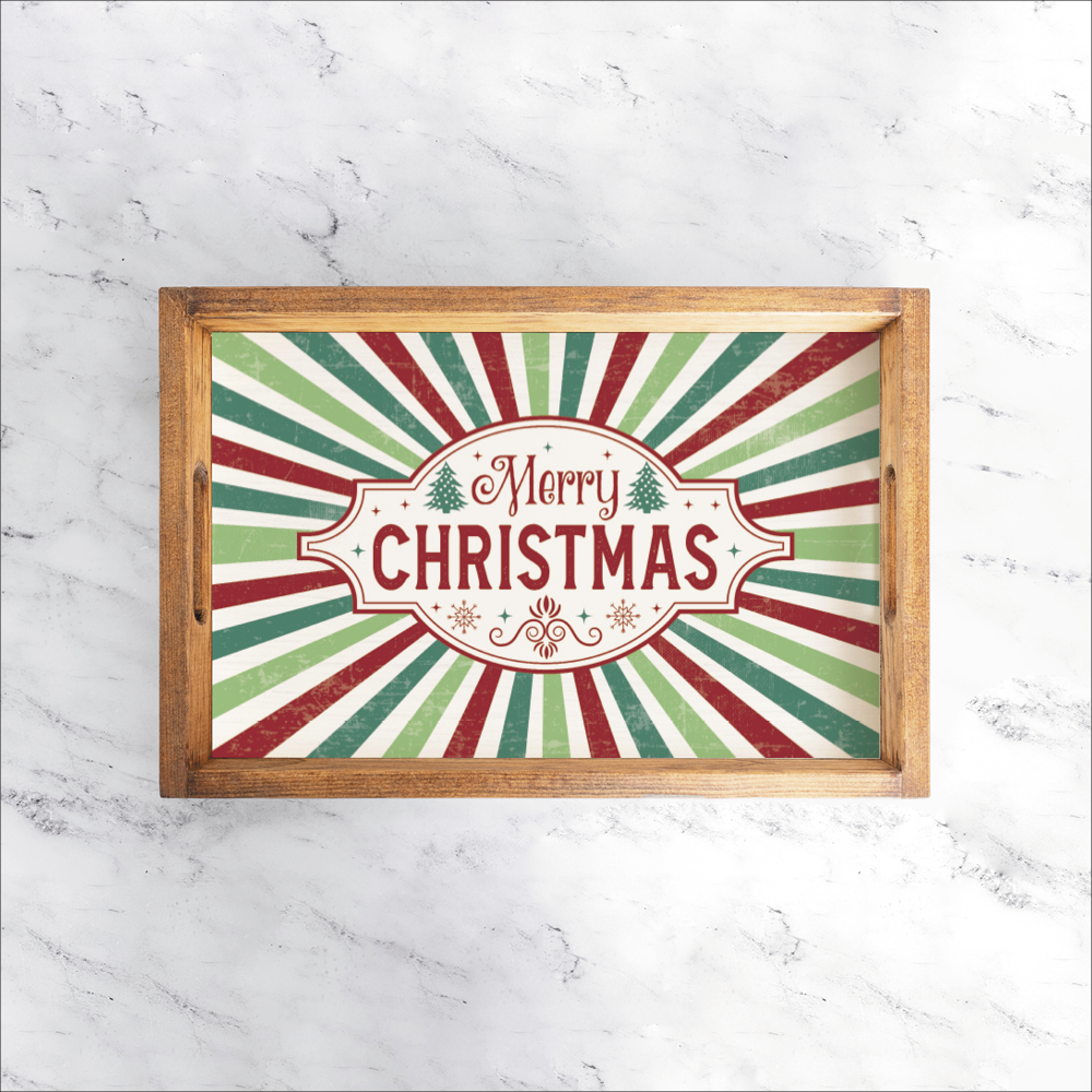 Merry Christmas Festive Stripe Wooden Serving Tray