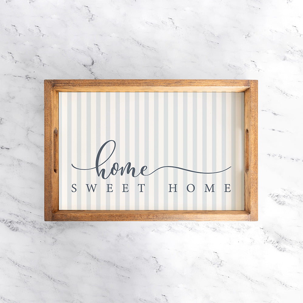 Blue and White Striped Home Sweet Home Wooden Serving Tray