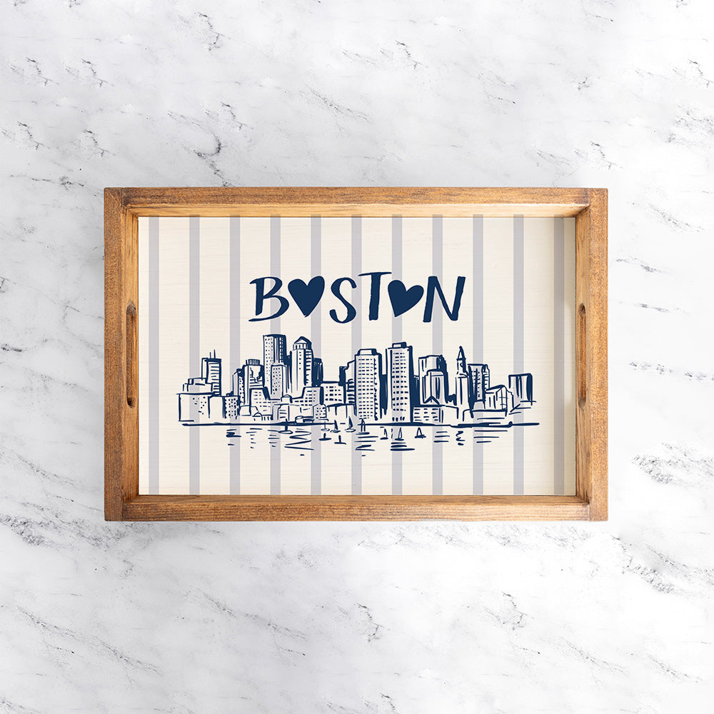 Boston Blue Striped Skyline Wooden Serving Tray