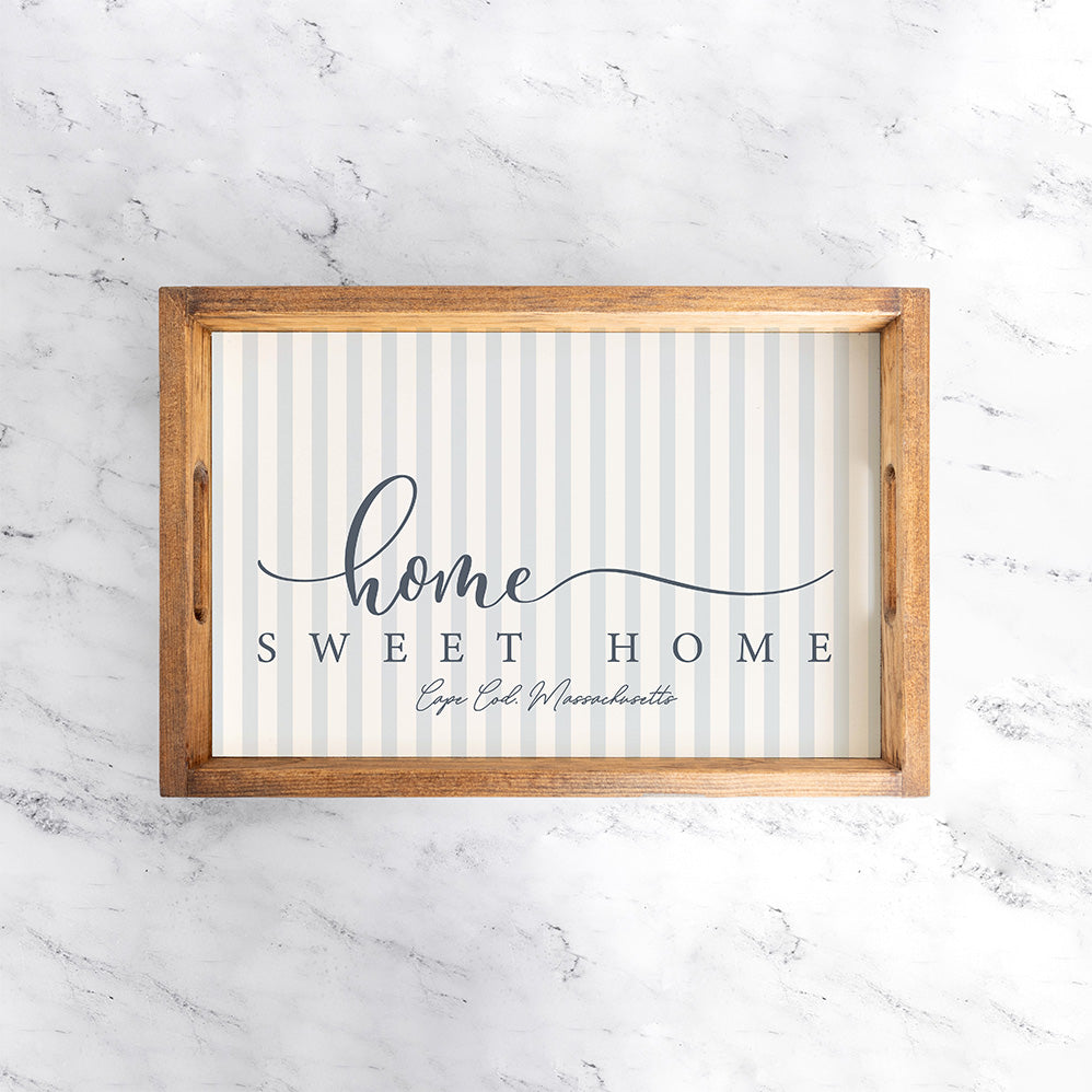 Personalized Blue and White Striped Home Sweet Home Wooden Serving Tray