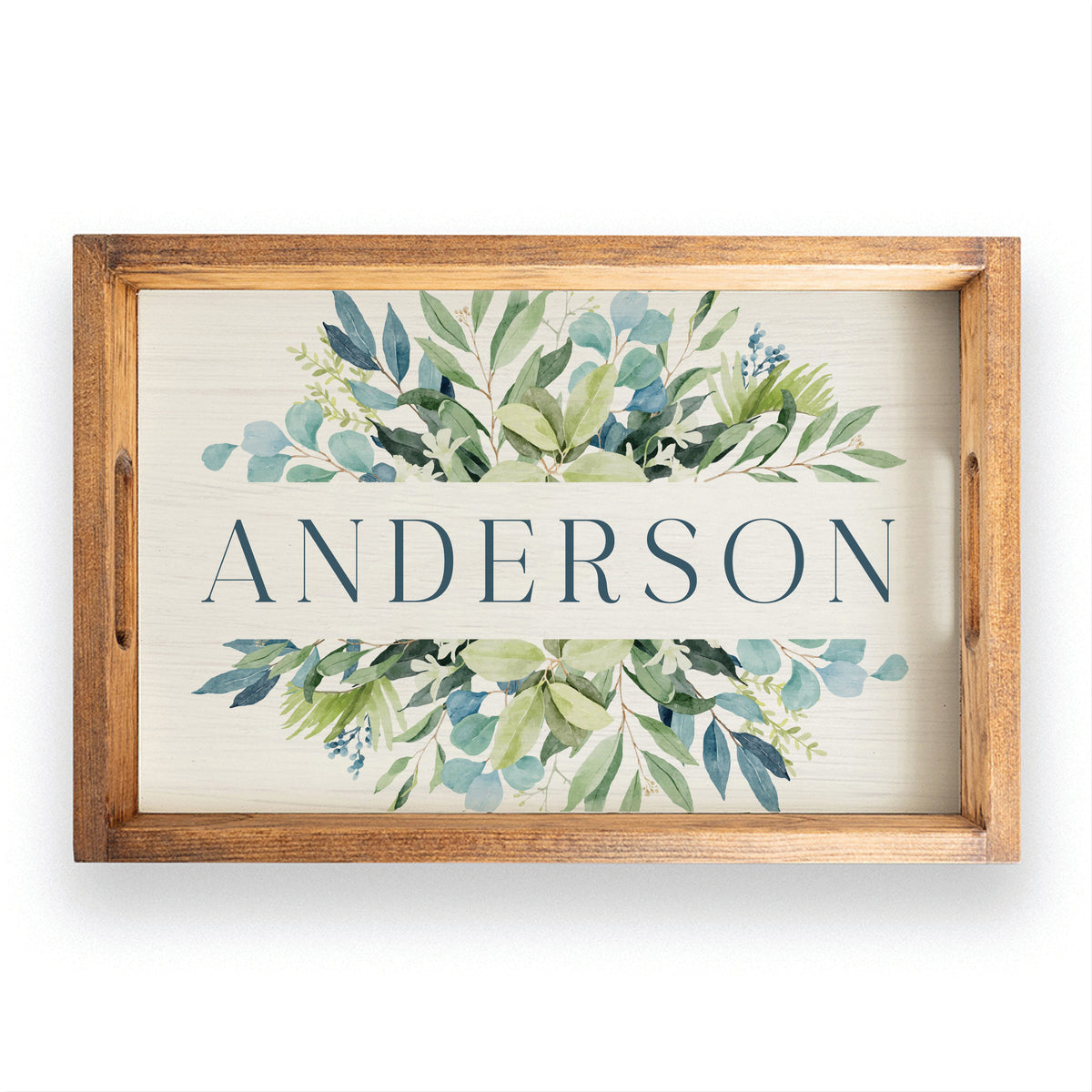 Green Blue Leaves Personalized Wooden Serving Tray