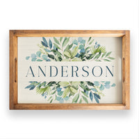 Green Blue Leaves Personalized Wooden Serving Tray