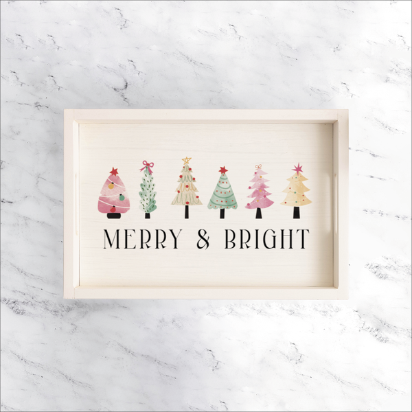 Merry & Bright Festive Christmas Trees Wooden Serving Tray