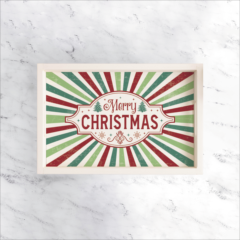 Merry Christmas Festive Stripe Wooden Serving Tray