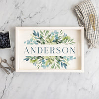 Green Blue Leaves Personalized Wooden Serving Tray