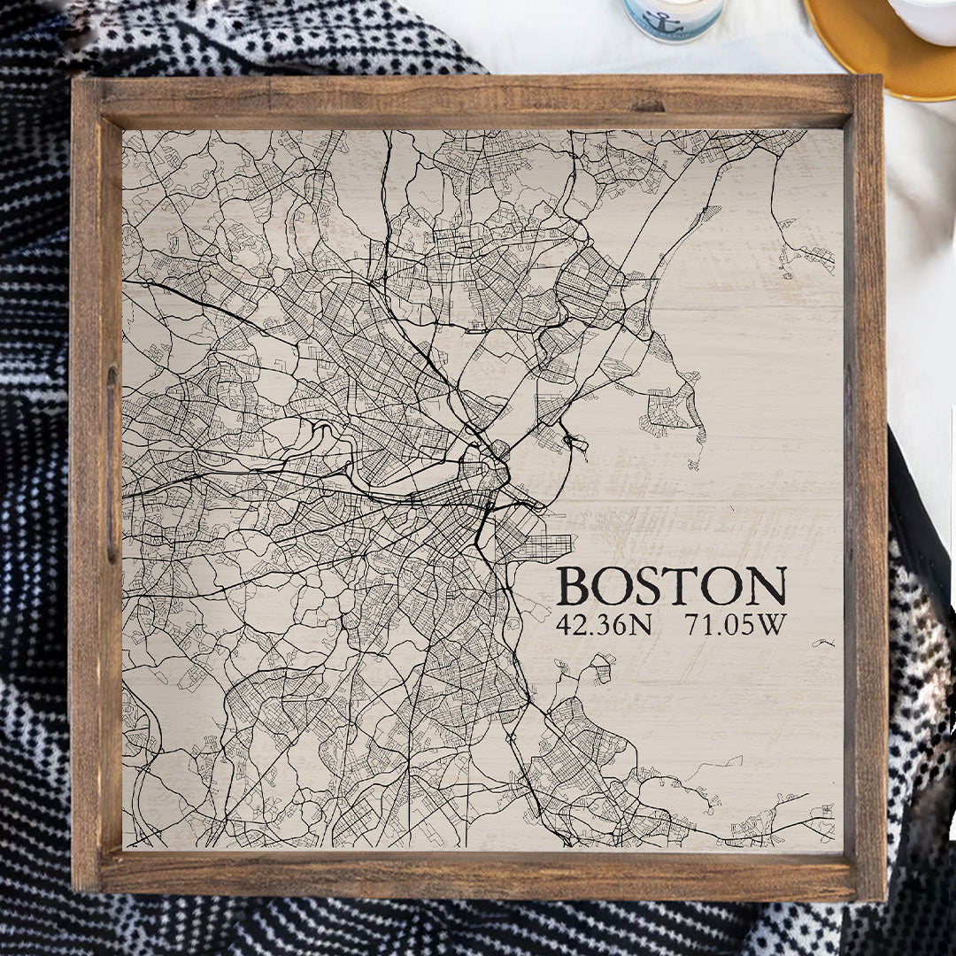 Boston Neutral City Map Wooden Serving Tray