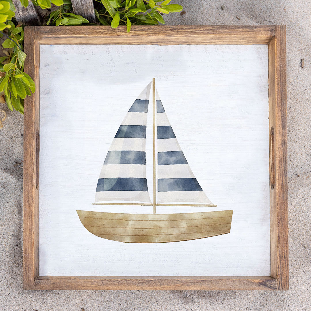 Watercolor Sailboat Wooden Serving Tray