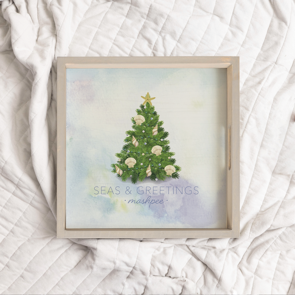 Personalized Coastal Christmas Tree Wooden Serving Tray