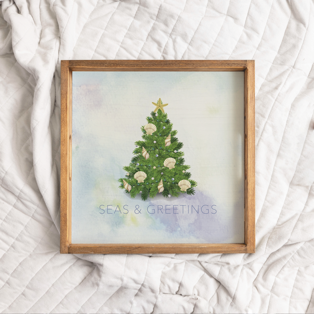 Coastal Christmas Evergreen Tree Wooden Serving Tray