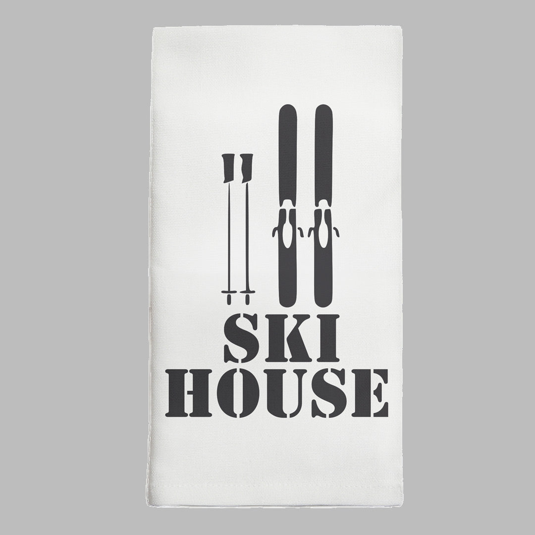 Ski House Black Tea Towel