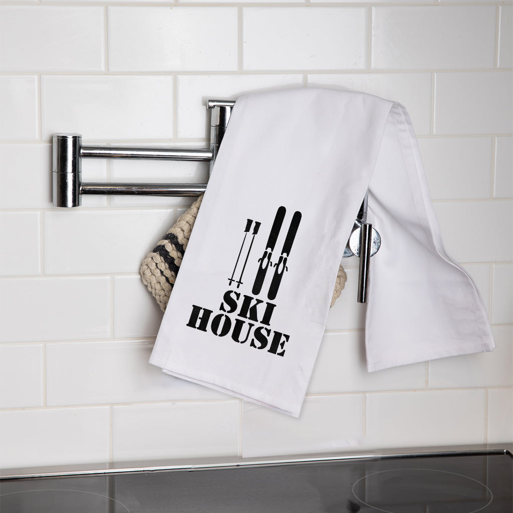 Ski House Black Tea Towel