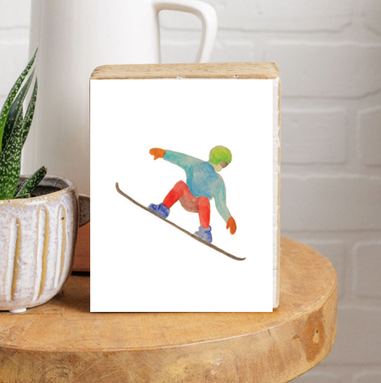 Watercolor Snowboarder Decorative Wooden Block
