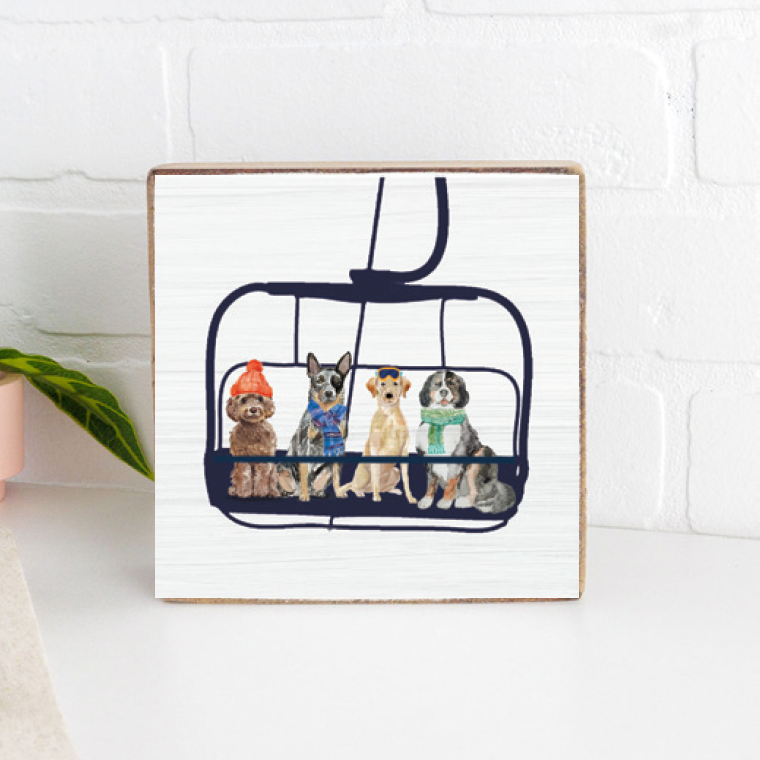 Dogs Ski Lift Decorative Wooden Block