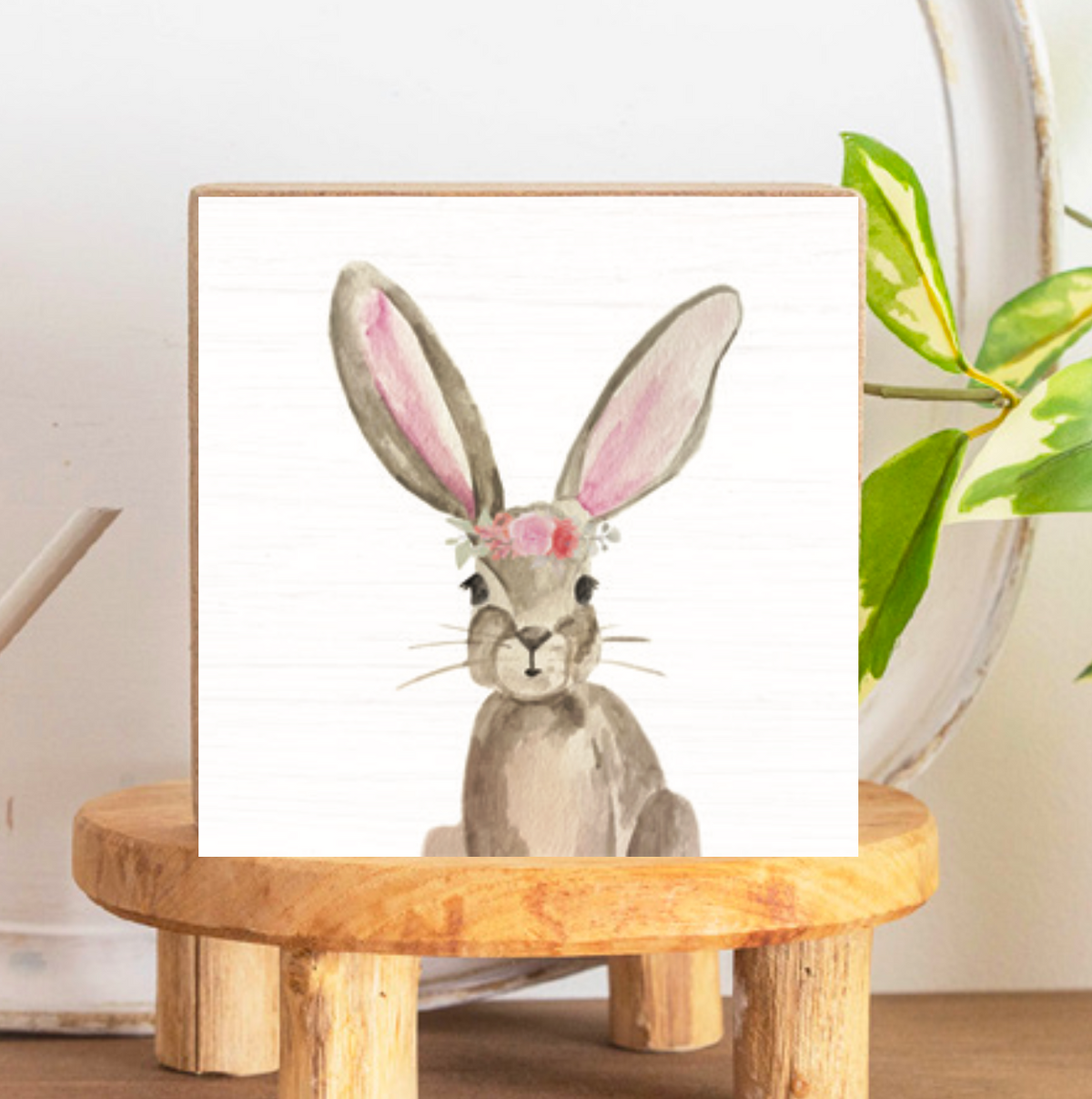 Floral Bunny Decorative Wooden Block