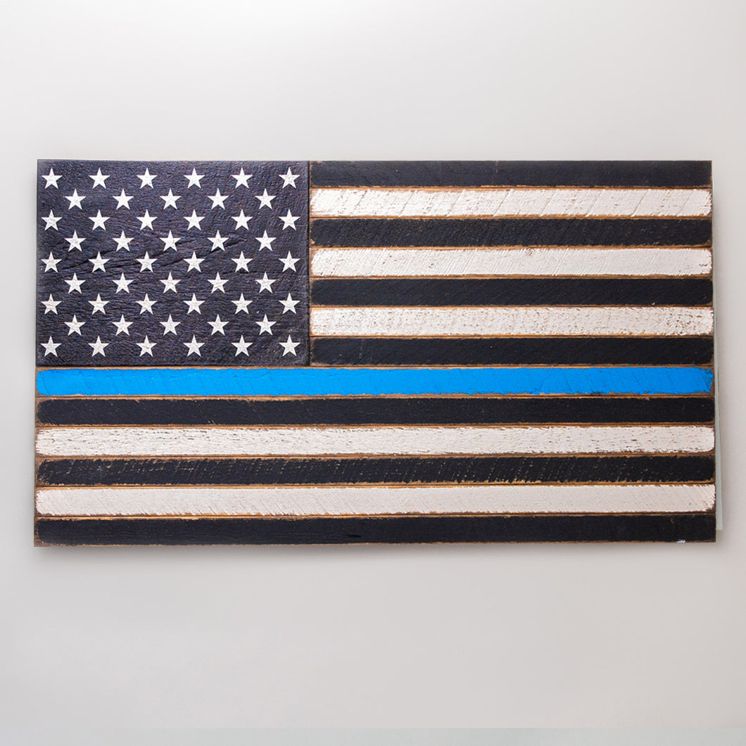 Thin Blue Line Wooden American Flag