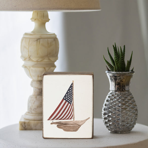 Watercolor Flag Sailboat Decorative Wooden Block