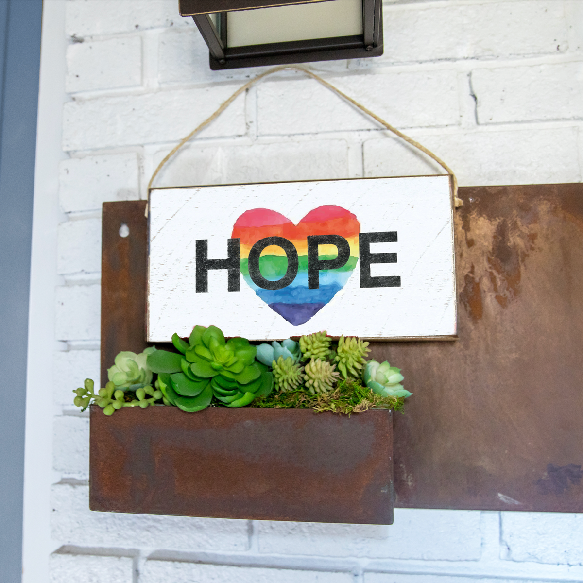 Rainbow Hope Heart Twine Hanging Sign