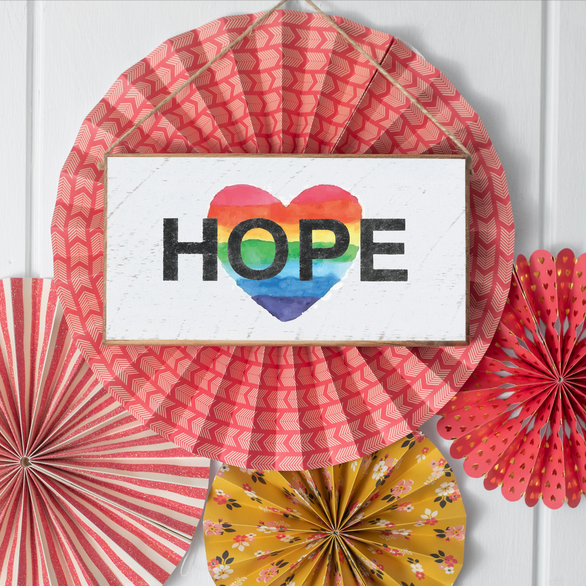 Rainbow Hope Heart Twine Hanging Sign