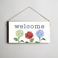 Welcome Patriotic Hydrangeas Twine Hanging Sign