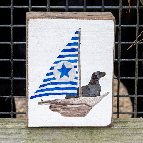 Watercolor Sailboat + Black Lab Decorative Wooden Block