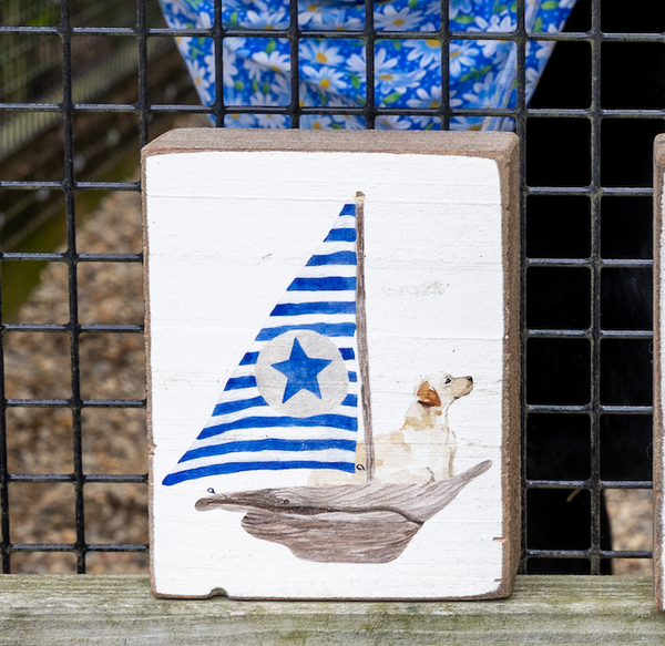 Watercolor Sailboat + Yellow Lab Decorative Wooden Block