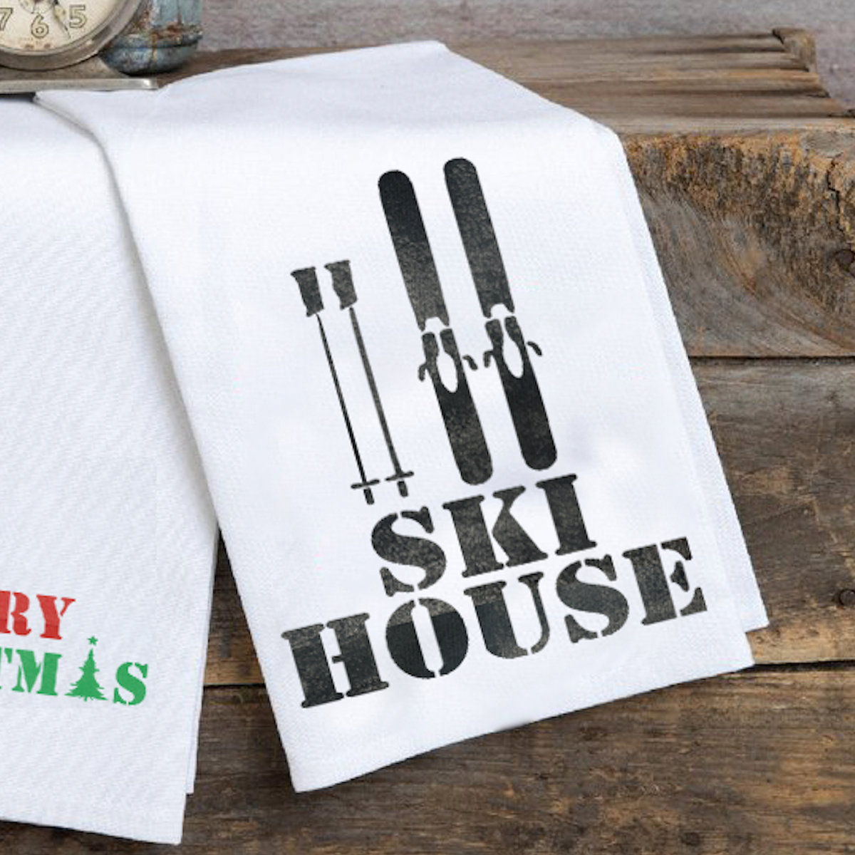 Ski House Black Tea Towel