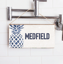 Load image into Gallery viewer, Personalized Indigo Pineapple Twine Hanging Sign
