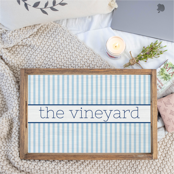 Personalized Light Blue Stripes Wooden Serving Tray