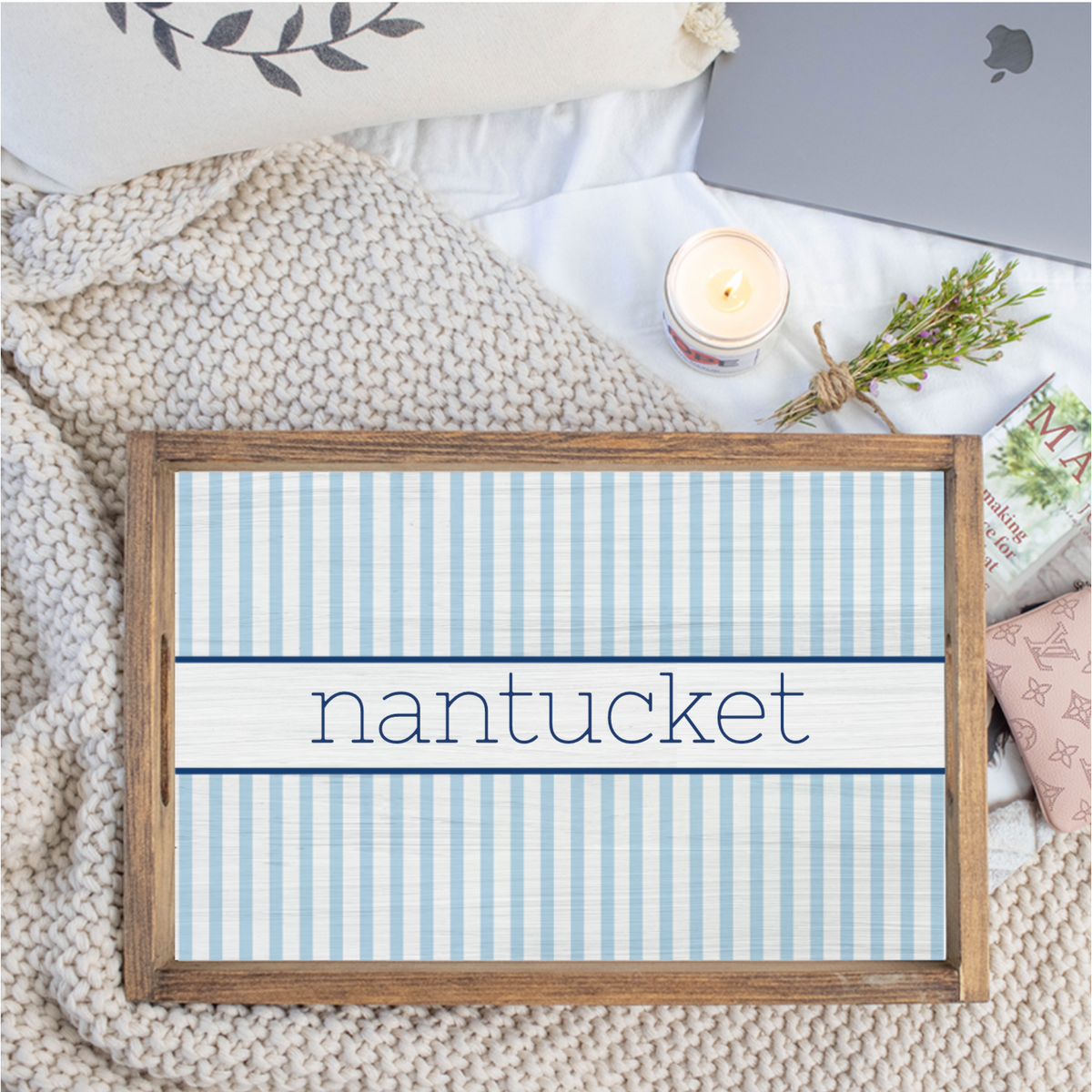 Personalized Light Blue Stripes Wooden Serving Tray